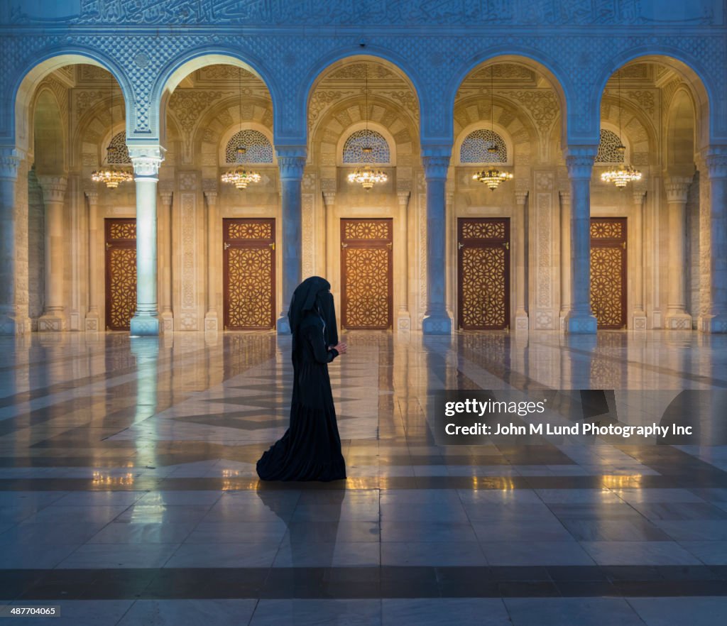 Caucasian woman wearing burka at Saleh Mosque, Saana, Yemen