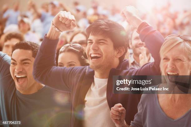 spectators cheering at sporting event - cu fan stockfoto's en -beelden