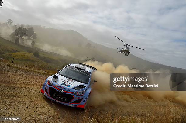 Thierry Neuville of Belgium and Nicolas Gilsoul of Belgium compete in their Hyundai Motorsport WRT Hyundai i20 WRC during Day One of the WRC...