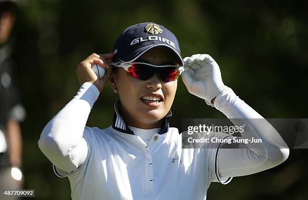 Eun-Bi Jang of South Korea reacts on the third hole during the second round of the 48th LPGA Championship Konica Minolta Cup 2015 at the Passage...