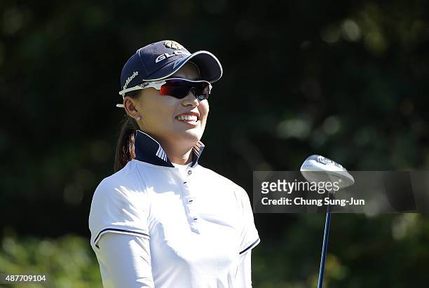 Eun-Bi Jang of South Korea reacts after a tee shot on the third hole during the second round of the 48th LPGA Championship Konica Minolta Cup 2015 at...