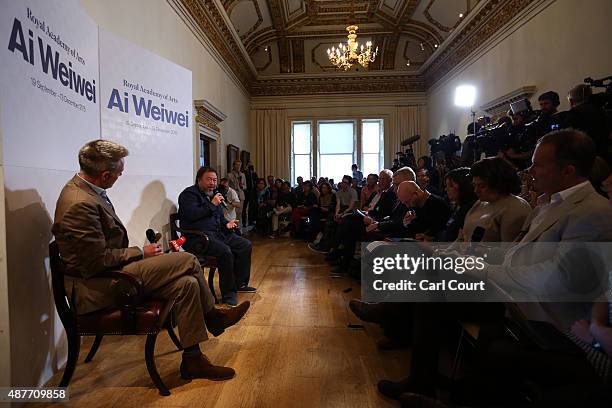 Chinese artist Ai Weiwei attends a press conference at the Royal Academy of Arts on September 11, 2015 in London, England. Ai Weiwei speaks to the...