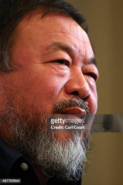 Chinese artist Ai Weiwei attends a press conference at the Royal Academy of Arts on September 11, 2015 in London, England. Ai Weiwei spoke to the...