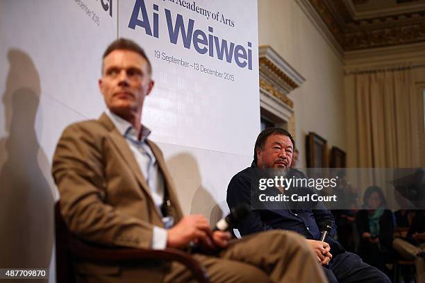 Chinese artist Ai Weiwei attends a press conference at the Royal Academy of Arts on September 11, 2015 in London, England. Ai Weiwei speaks to the...