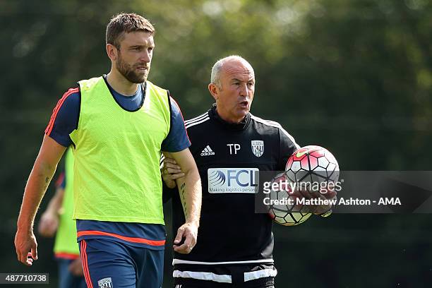 Rickie Lambert and Tony Pulis the head coach / manager of West Bromwich Albion during the West Bromwich Albion training session at West Bromwich...