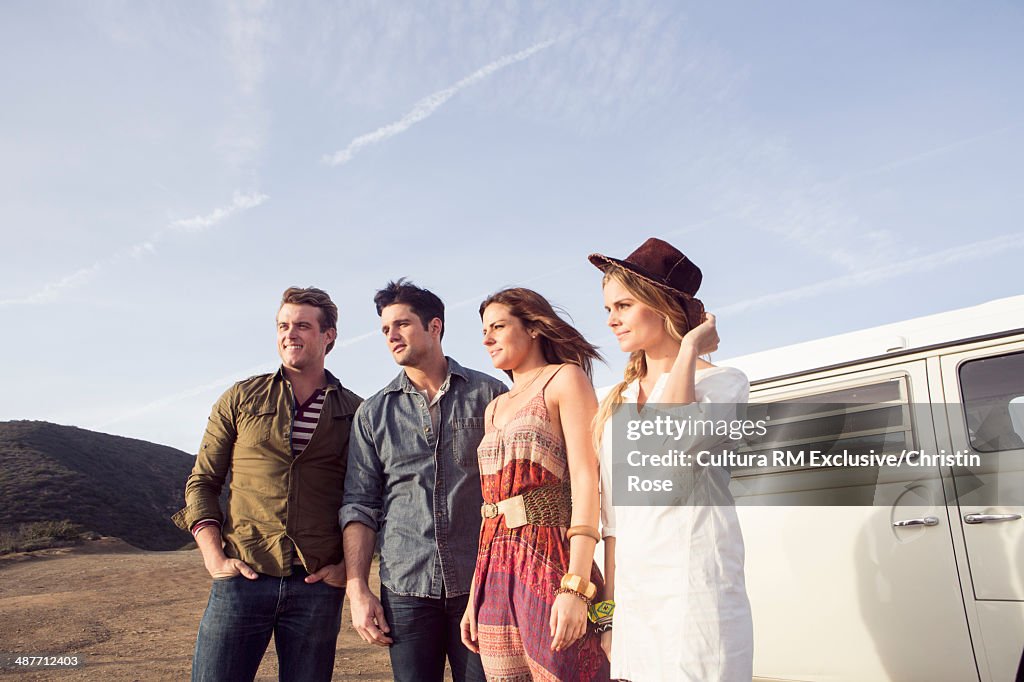 Four friends on camper van road trip