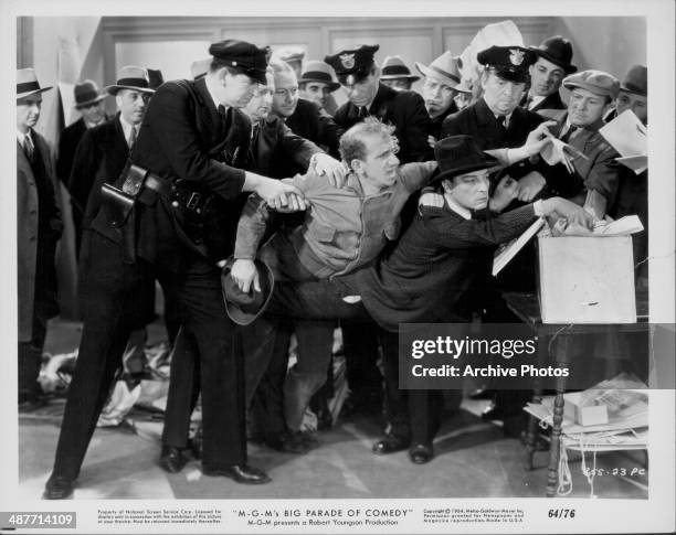 Actors Buster Keaton and Jimmy Durante in a scene from the movie 'What - No Beer?', 1933.