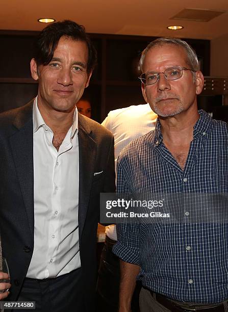 Clive Owen and Campbell Scott pose at the Roundabout Theater Company's 50th Anniversary Season Party at The American Airlines Theater Penthouse on...