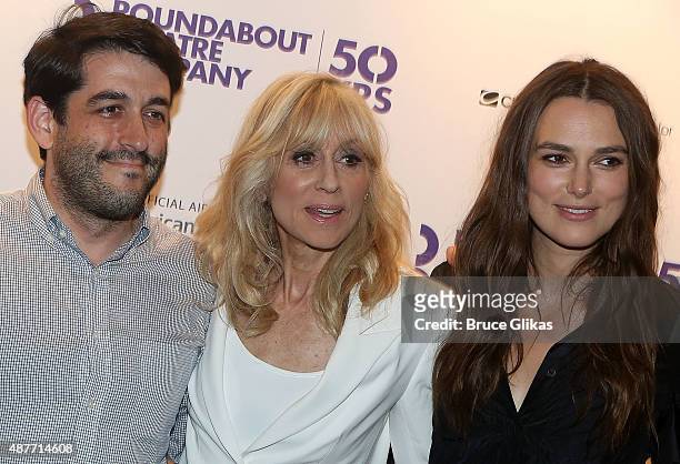 Director Evan Cabnet, Judith Light and Keira Knightley pose at the Roundabout Theater Company's 50th Anniversary Season Party at The American...