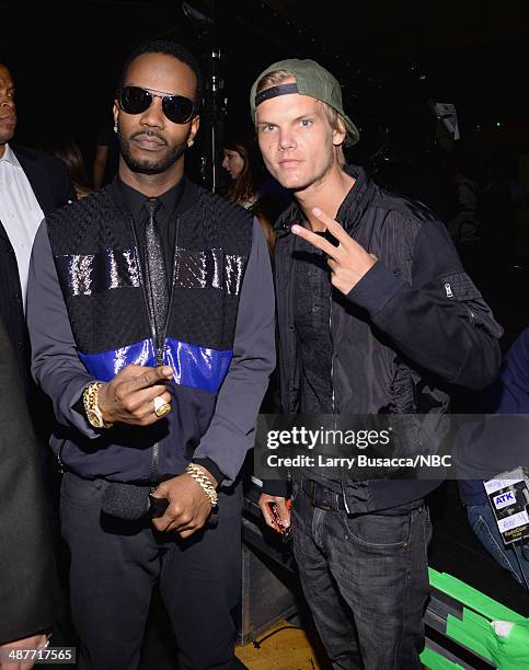 IHEARTRADIO MUSIC AWARDS -- Pictured: Rapper Juicy J and DJ Avicii attend the iHeartRadio Music Awards held at the Shrine Auditorium on May 1, 2014.