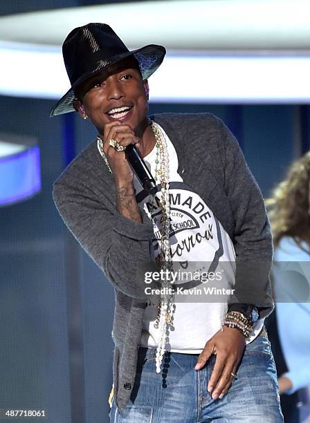 Musician Pharrell Williams performs onstage during the 2014 iHeartRadio Music Awards held at The Shrine Auditorium on May 1, 2014 in Los Angeles,...