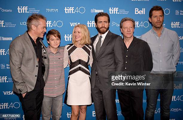 Director Jean-Marc Vallee, actors Judah Lewis, Naomi Watts, Jake Gyllenhaal, Chris Cooper and writer Bryan Sipe pose during the "Demolition" press...