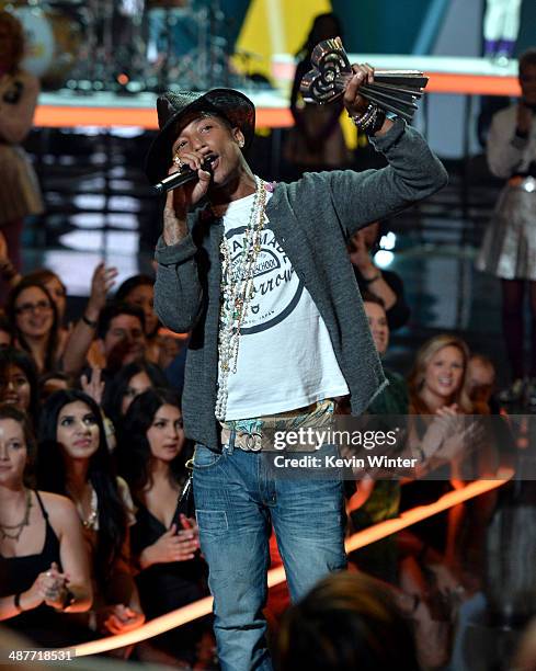 Musician Pharrell Williams accepts the iHeartRadio Innovator Award onstage during the 2014 iHeartRadio Music Awards held at The Shrine Auditorium on...