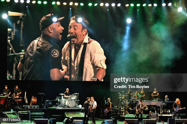 Tom Morello and Bruce Springsteen and the E Street Band performs at MidFlorida Credit Union Amphitheatre on May 1, 2014 in Tampa, Florida.
