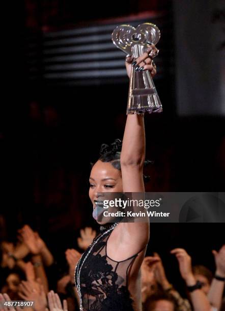 Singer Rihanna accepts the Artist of the Year award onstage during the 2014 iHeartRadio Music Awards held at The Shrine Auditorium on May 1, 2014 in...