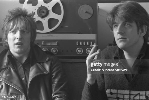 Rat Scabies of The Damned, with producer Nick Lowe, at the offices of Stiff Records, London, 1977.