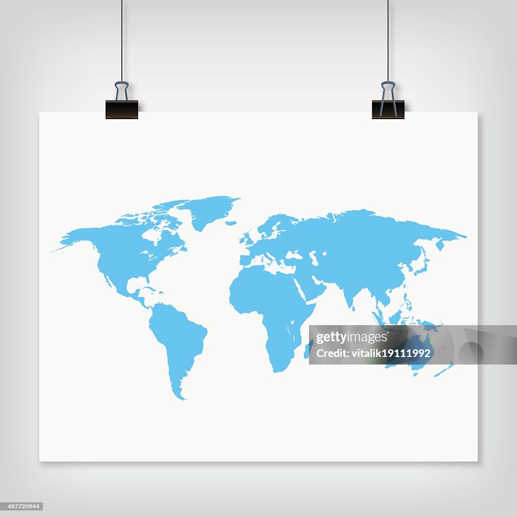 Paper Blue Map Hanging Paper World Map Blue Color Sign With Shadow High-Res Vector ...