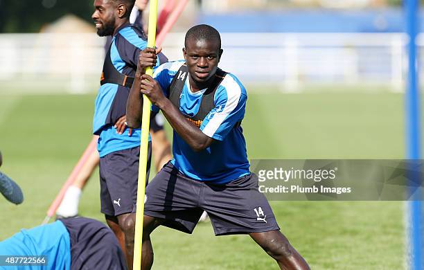 Golo Kante during the Leicester City training session at Belvoir Drive Training Complex on September 11, 2015 in Leicester, United Kingdom.