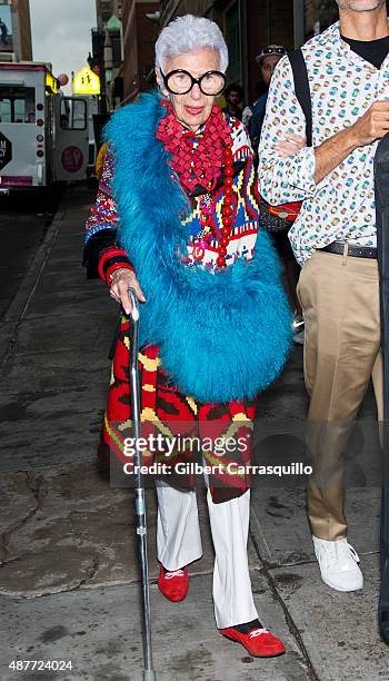 Businesswoman, interior designer, and fashion icon, Iris Apfel is seen arriving during Spring 2016 New York Fashion Week on September 10, 2015 in New...