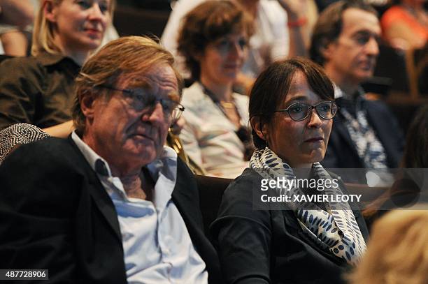 Fretival's president Quentin Raspail and France Television's president Delphine Ernotte attend a debate during the 17th Festival of TV fiction in La...