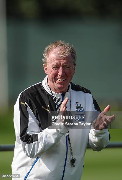 Head Coach Steve McClaren stands on the training pitch smiling and clapping hands during the Newcastle United Training session at The Newcastle...