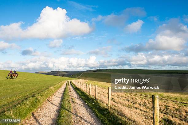 horse riders on south downs - recreational-horse-riding stock pictures, royalty-free photos & images