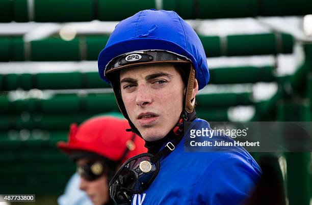 Jockey James Doyle waits in the starting stalls before The Ladbrokes Mallard Stakes Race run at Doncaster Racecourse on September 11, 2015 in...