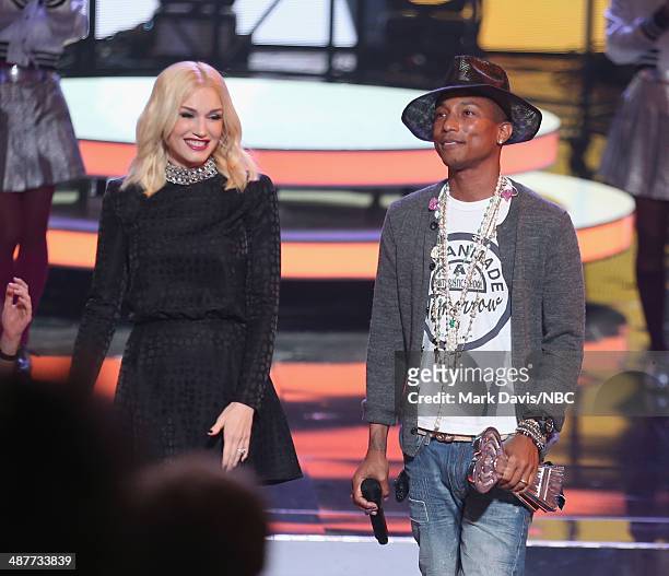 IHEARTRADIO MUSIC AWARDS -- Pictured: Recording artists Gwen Stefani and Pharrell Williams speak onstage during the iHeartRadio Music Awards held at...