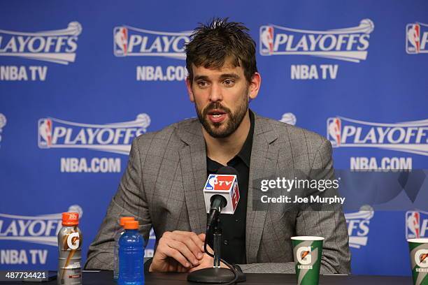 Marc Gasol of the Memphis Grizzlies addresses the media after Game Six of the Western Conference Quarterfinals against the Oklahoma City Thunder...