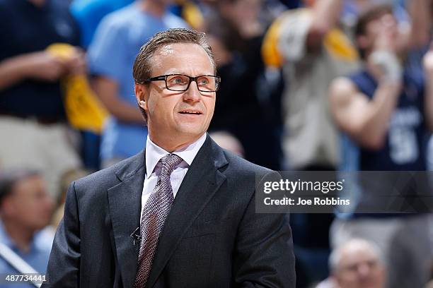 Oklahoma City Thunder head coach Scott Brooks looks on against the Memphis Grizzlies during Game Six of the Western Conference Quarterfinals of the...