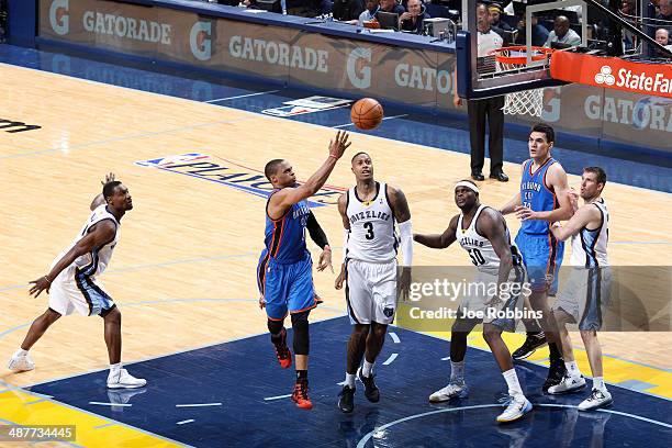 Russell Westbrook of the Oklahoma City Thunder drives to the basket against James Johnson of the Memphis Grizzlies during Game Six of the Western...