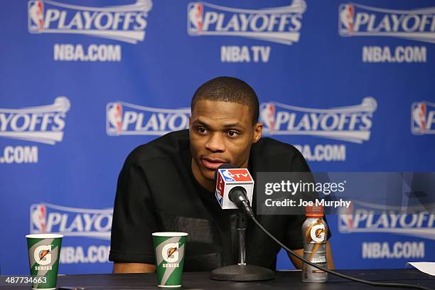 Russell Westbrook of the Oklahoma City Thunder addresses the media after Game Six of the Western Conference Quarterfinals against the Memphis...