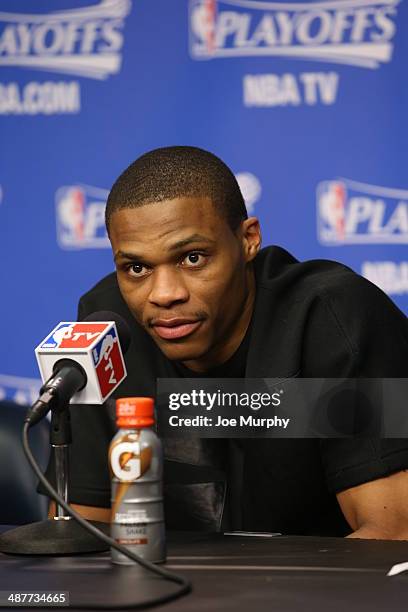 Russell Westbrook of the Oklahoma City Thunder addresses the media after Game Six of the Western Conference Quarterfinals against the Memphis...