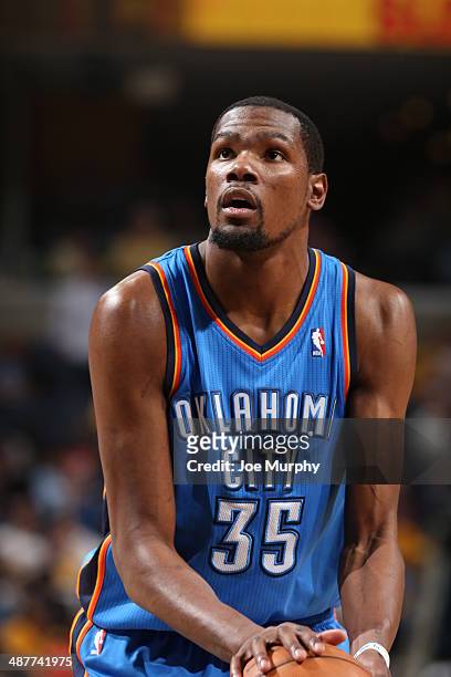 Kevin Durant of the Oklahoma City Thunder shoots a foul shot against the Memphis Grizzlies in Game Six of the Western Conference Quarterfinals during...