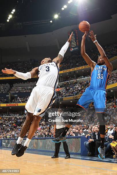 Kevin Durant of the Oklahoma City Thunder shoots the ball against the Memphis Grizzlies in Game Six of the Western Conference Quarterfinals during...
