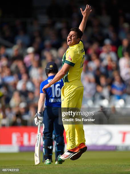 Australia bowler Marcus Stoinis appeals for a catch behind in his first over off England batsman Ben Stokes which is given not out via the third...