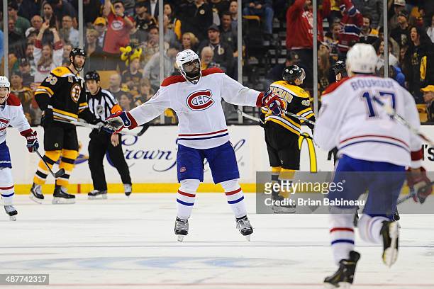 Subban of the Montreal Canadiens celebrates his double overtime goal against the Boston Bruins in Game One of the Second Round of the 2014 Stanley...