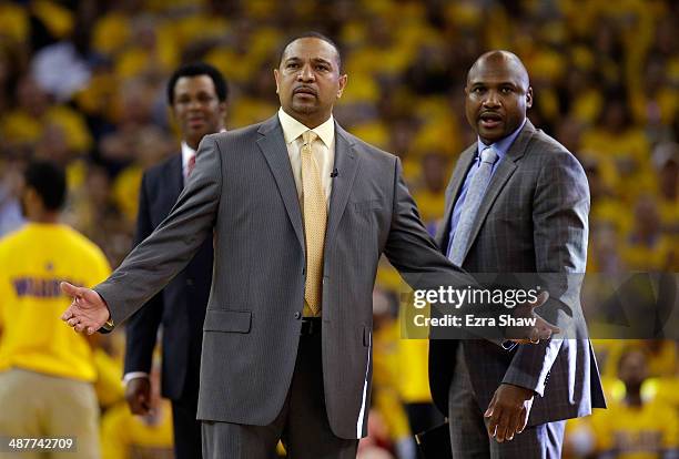 Head coach Mark Jackson of the Golden State Warriors questions a call during their game against the Los Angeles Clippers in Game Six of the Western...