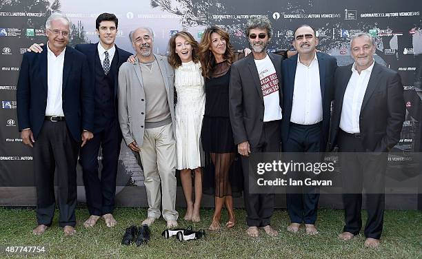 Walter Veltroni, Roberto Bolle, Giorgio Diritti, Cristiana Capotondi, guest, Silvio Soldini, Elio and guest attend a photocall for 'Milano 2015'...