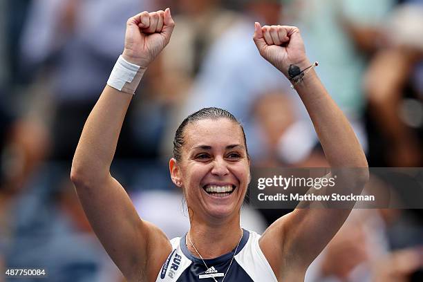 Flavia Pennetta of Italy celebrates after defeating Simona Halep of Romania in their Women's Singles Semifinals match on Day Twelve of the 2015 US...