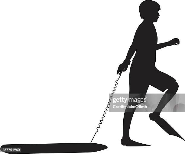 boy with flippers and boogie board silhouette - water slide stock illustrations