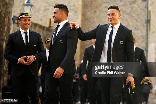Dan Carter, Liam Messam and Sonny Bill Williams of the New Zealand All Blacks following their RWC 2015 Welcome Ceremony at the Tower of London on...