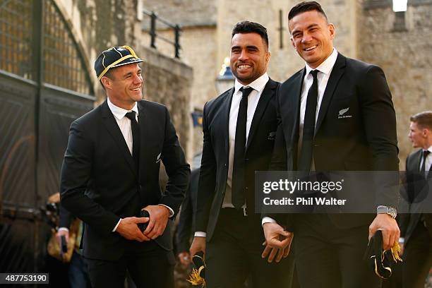 Dan Carter, Liam Messam and Sonny Bill Williams of the New Zealand All Blacks following their RWC 2015 Welcome Ceremony at the Tower of London on...