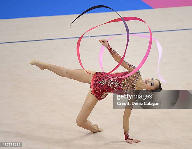 Kaho Minagawa of Japan competes with ribbon during the 34th Rhythmic Gymnastics World Championships 2015 on September 11, 2015 in Stuttgart, Germany.