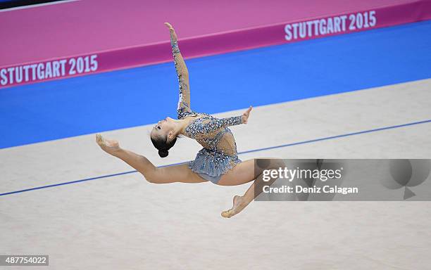 Kaho Minagawa of Japan competes with ball during the 34th Rhythmic Gymnastics World Championships 2015 on September 11, 2015 in Stuttgart, Germany.