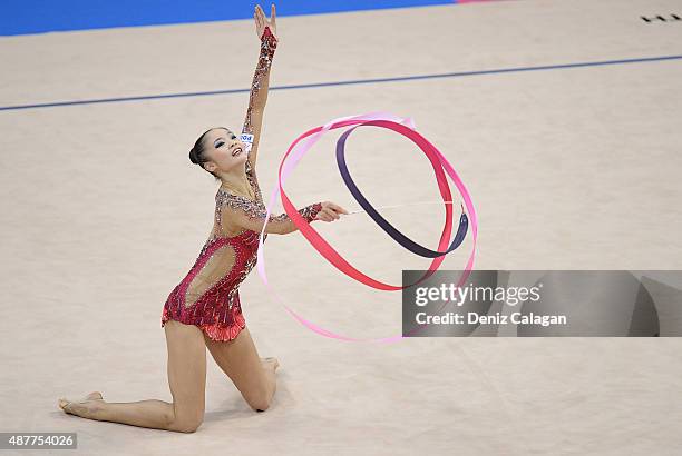 Kaho Minagawa of Japan competes with ribbon during the 34th Rhythmic Gymnastics World Championships 2015 on September 11, 2015 in Stuttgart, Germany.