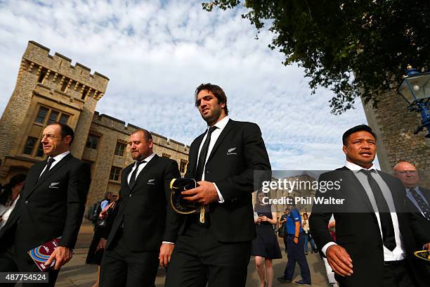 Tony Woodcock, Sam Whitelock and Keven Mealamu of the New Zealand All Blacks following their RWC 2015 Welcome Ceremony at the Tower of London on...