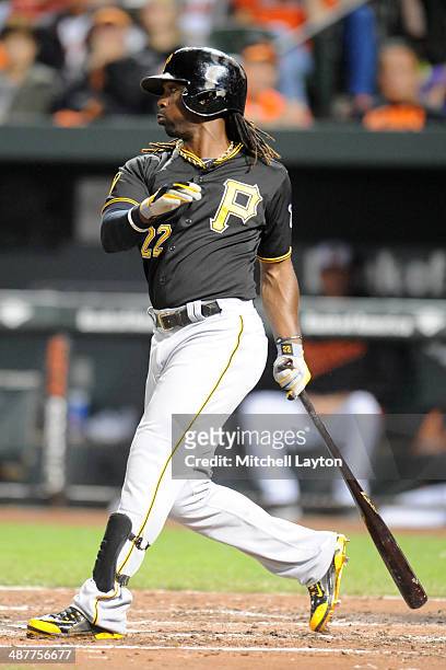 Andrew McCutchen of the Pittsburgh Pirates takes a swing during a baseball game against the Baltimore Orioles in game two of a doubleheader on May 1,...