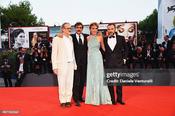 Giuseppe Gaudino, Adriano Giannini, Valeria Golino and Massimiliano Gallo attend a premiere for 'Per Amor Vostro' during the 72nd Venice Film...