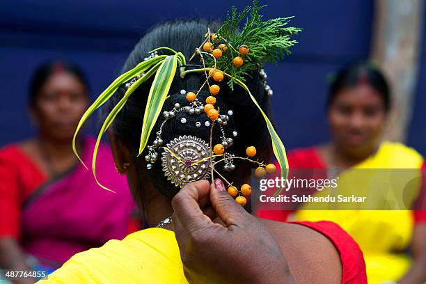 Santhali woman is helped to arrange her hairdo. The Santhal are the largest tribal community in India. They have a distinct culture of their own,...